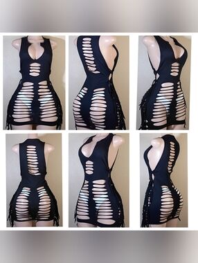 Black Custom Distressed Fringe  Tank Top
